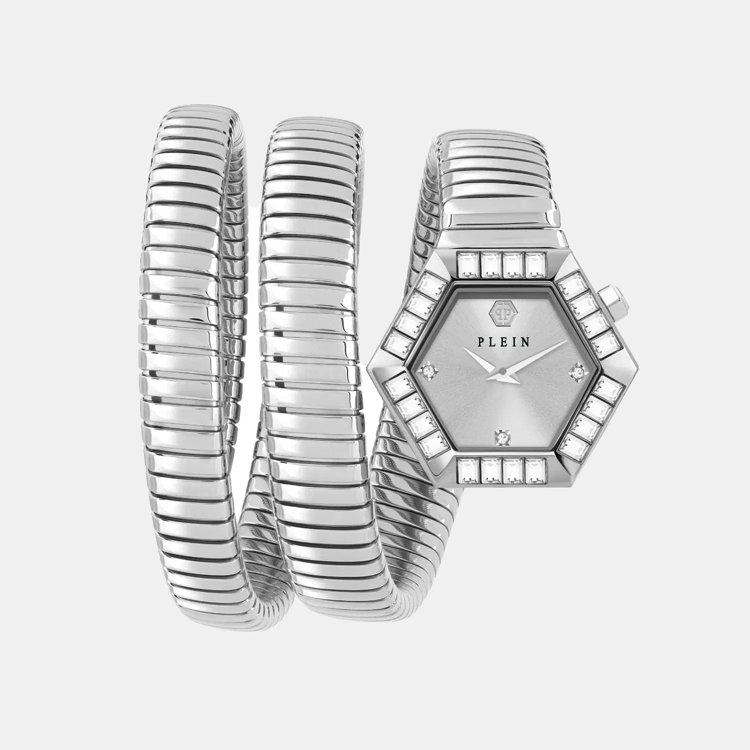 Philipp Plein Snake Hexagon Women Quartz Silver Dial Analog Stainless Steel Watch Pwzaa0925