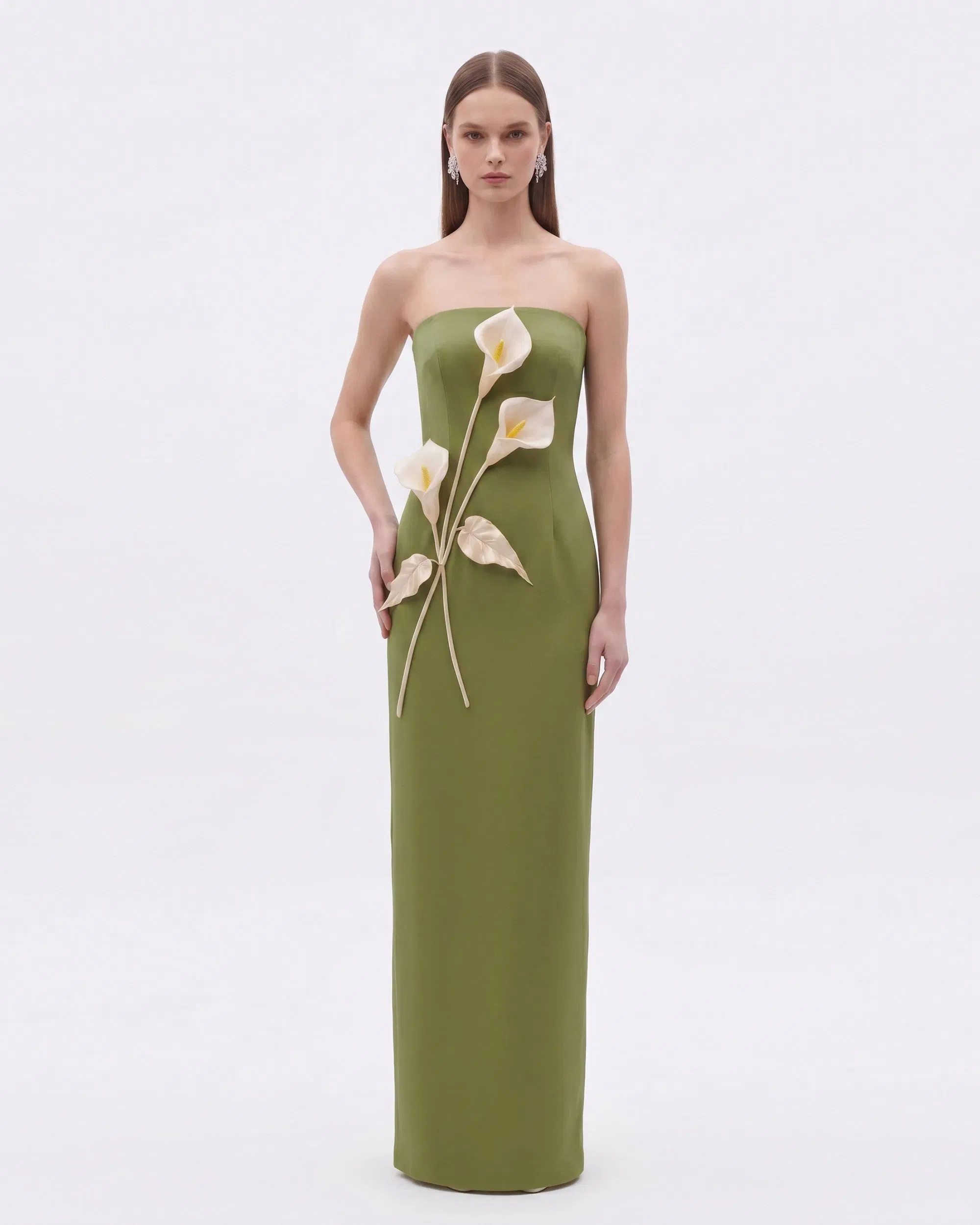 Floral Appliqué Strapless Dress - Yellow