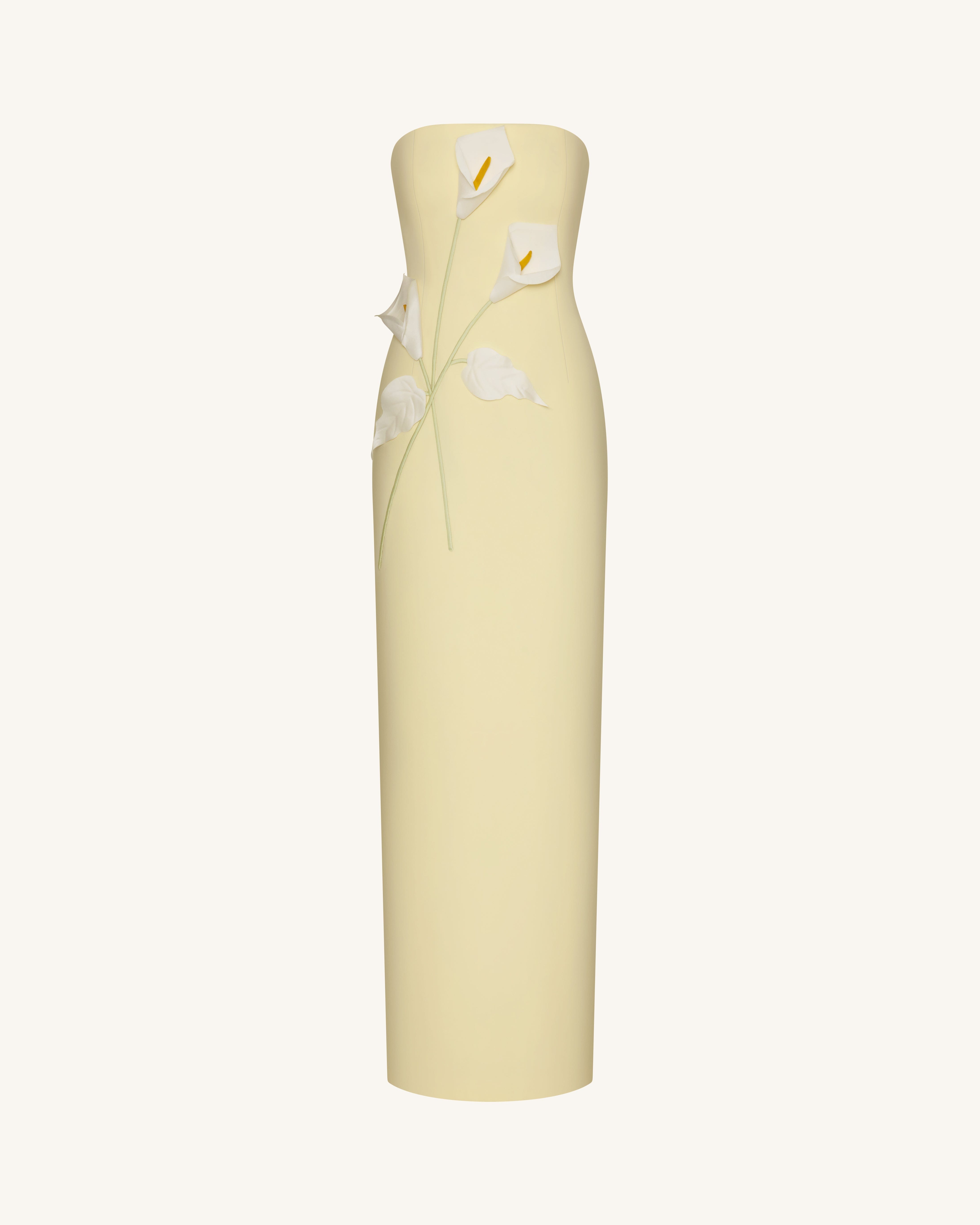 Floral Appliqué Strapless Dress - Yellow