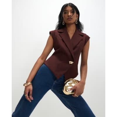 Brown Cap Sleeve Twill Waistcoat