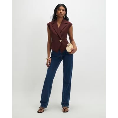 Brown Cap Sleeve Twill Waistcoat