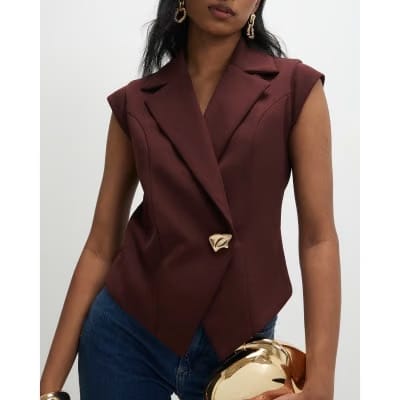 Brown Cap Sleeve Twill Waistcoat