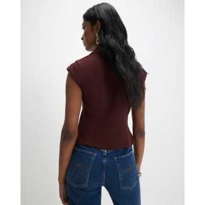 Brown Cap Sleeve Twill Waistcoat