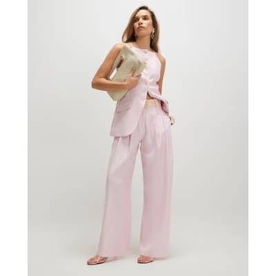 Pink Linen Look Belted Wide Leg Trousers