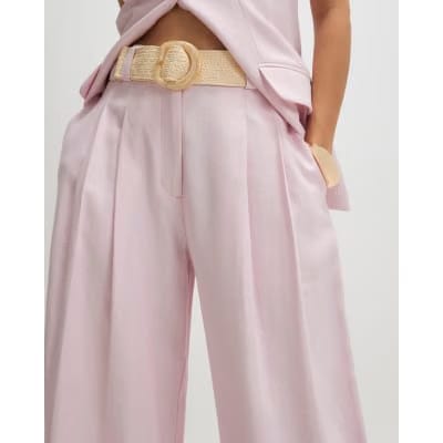Pink Linen Look Belted Wide Leg Trousers