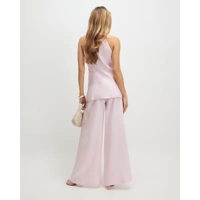 Pink Linen Look Belted Wide Leg Trousers