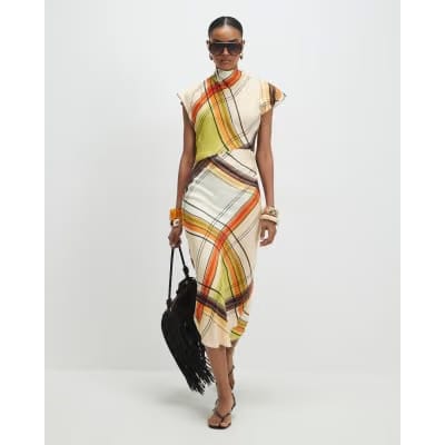 Green Check Print Column Midi Dress