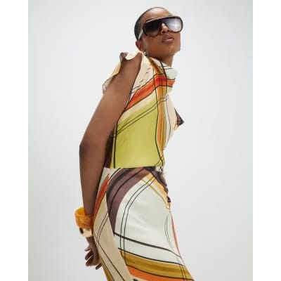 Green Check Print Column Midi Dress