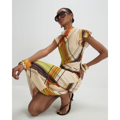 Green Check Print Column Midi Dress