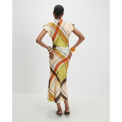 Green Check Print Column Midi Dress
