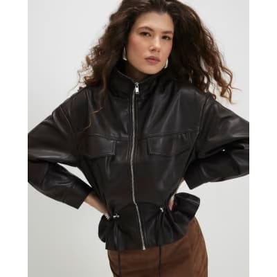 Brown Drawstring Funnel Neck Jacket