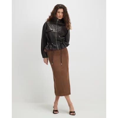 Brown Drawstring Funnel Neck Jacket