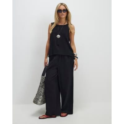 Petite Black Linen Blend Wide Leg Trousers