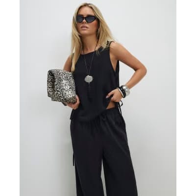 Petite Black Linen Blend Wide Leg Trousers