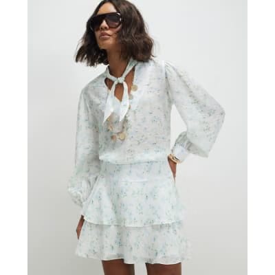 White Floral Pussybow Blouse