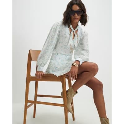 White Floral Pussybow Blouse