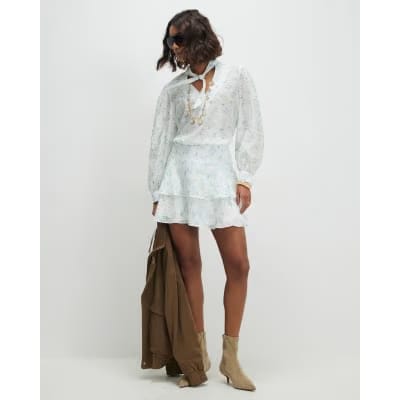 White Floral Pussybow Blouse