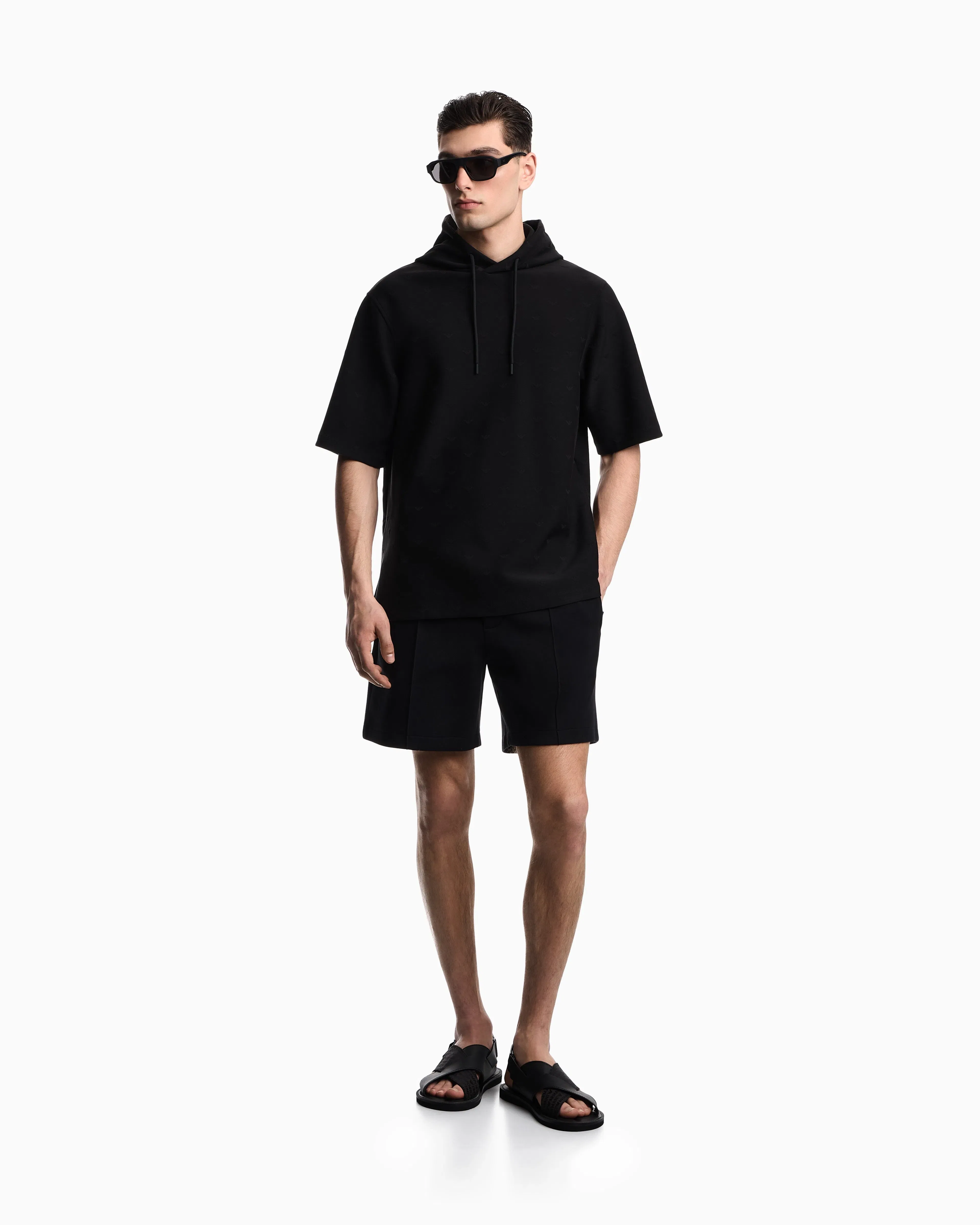Emporio Armani Jacquard jersey hooded sweatshirt with all-over micro eagle