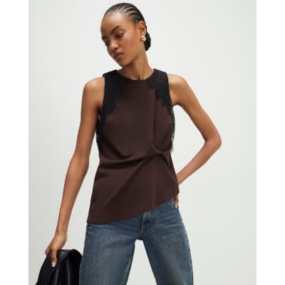Brown Sleeveless Lace Trim Top