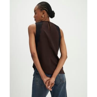 Brown Sleeveless Lace Trim Top