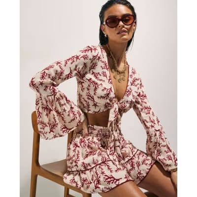 Cream Coral Print Tie Top And Skirt Set
