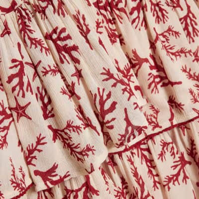 Cream Coral Print Tie Top And Skirt Set