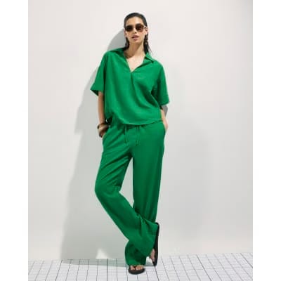 Green Linen Blend Short Sleeve Shirt