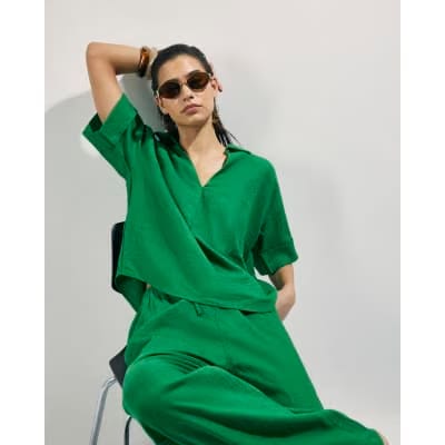 Green Linen Blend Short Sleeve Shirt