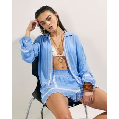 Blue Lace Trim Embroidered Beach Shorts