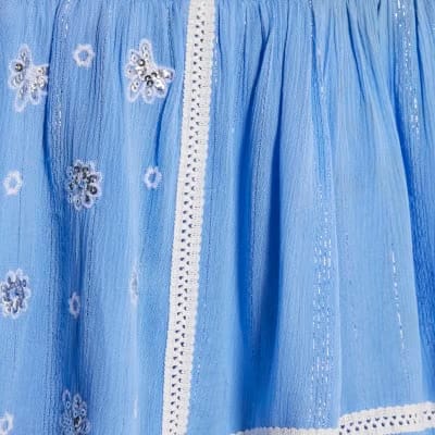 Blue Lace Trim Embroidered Beach Shorts