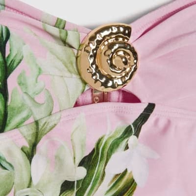 Pink Lotus Print Bandeau Swimsuit