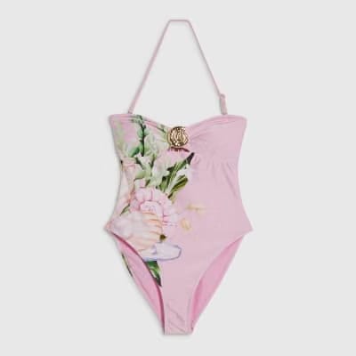 Pink Lotus Print Bandeau Swimsuit