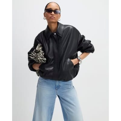Black Faux Leather Bubble Hem Bomber Jacket