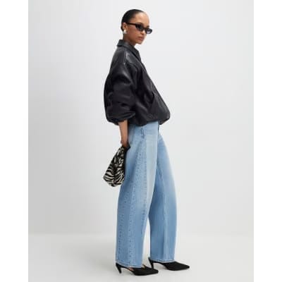 Black Faux Leather Bubble Hem Bomber Jacket