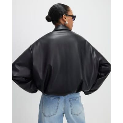 Black Faux Leather Bubble Hem Bomber Jacket