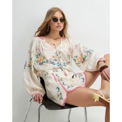 Cream Long Sleeve Embroidered Blouse