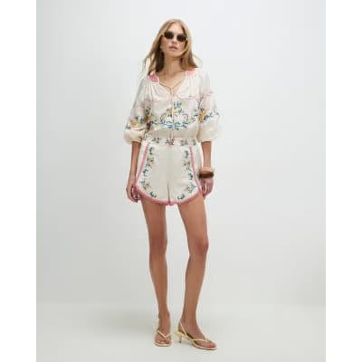 Cream Long Sleeve Embroidered Blouse