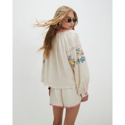 Cream Long Sleeve Embroidered Blouse