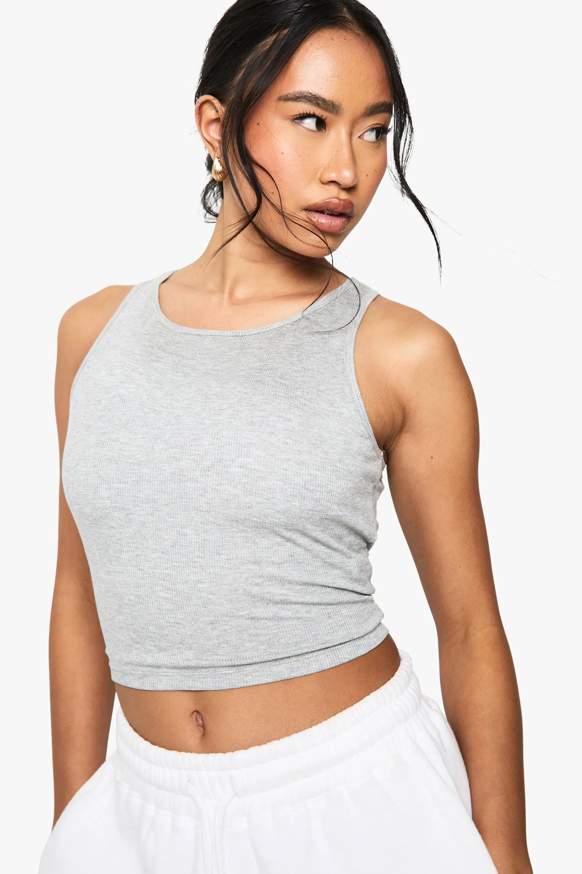 Built In Padded Soft Ribbed Racer Neck Tank Top