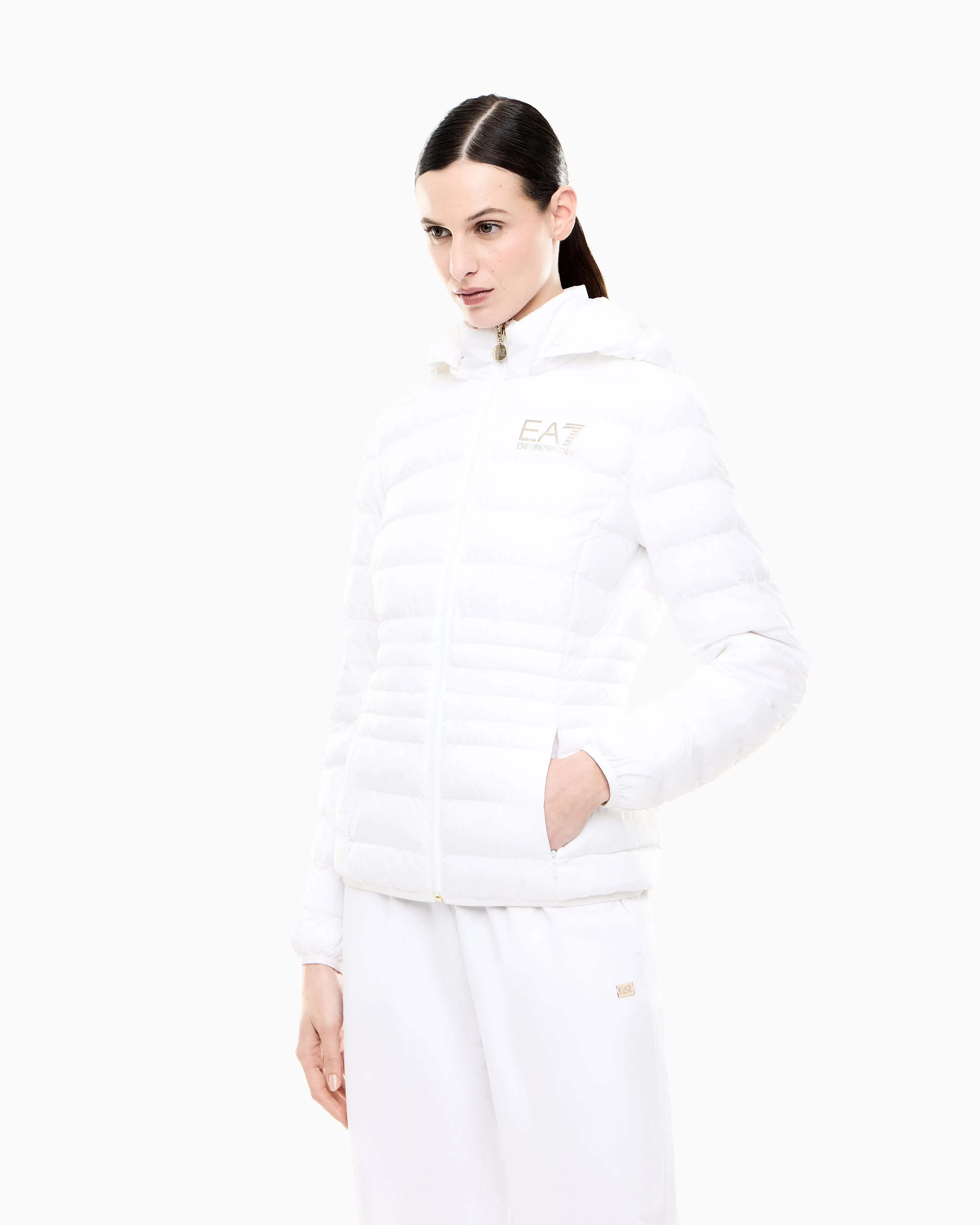 EA7 Padded jacket in technical fabric with a hood and zipper