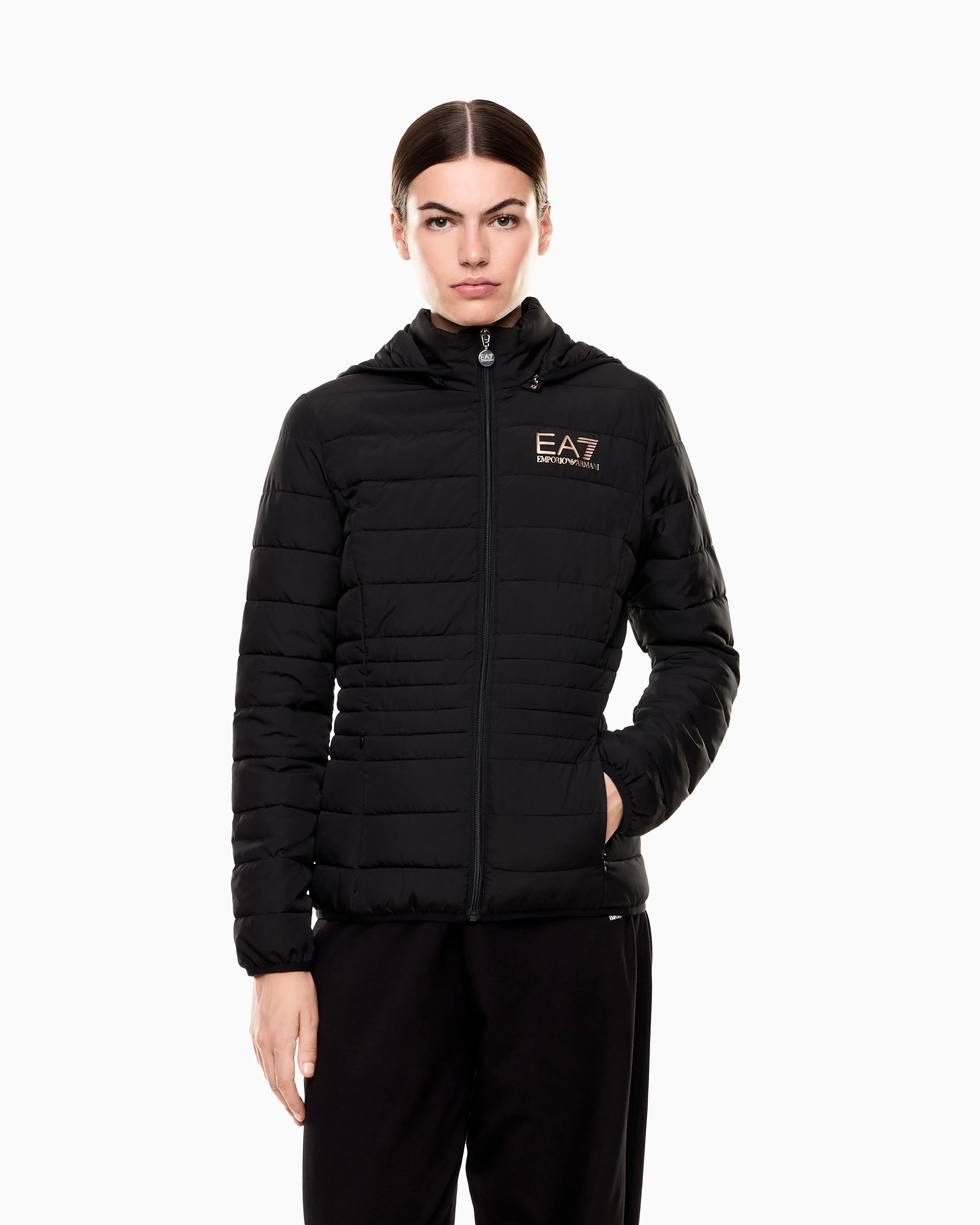 EA7 Padded jacket in technical fabric with a hood and zipper