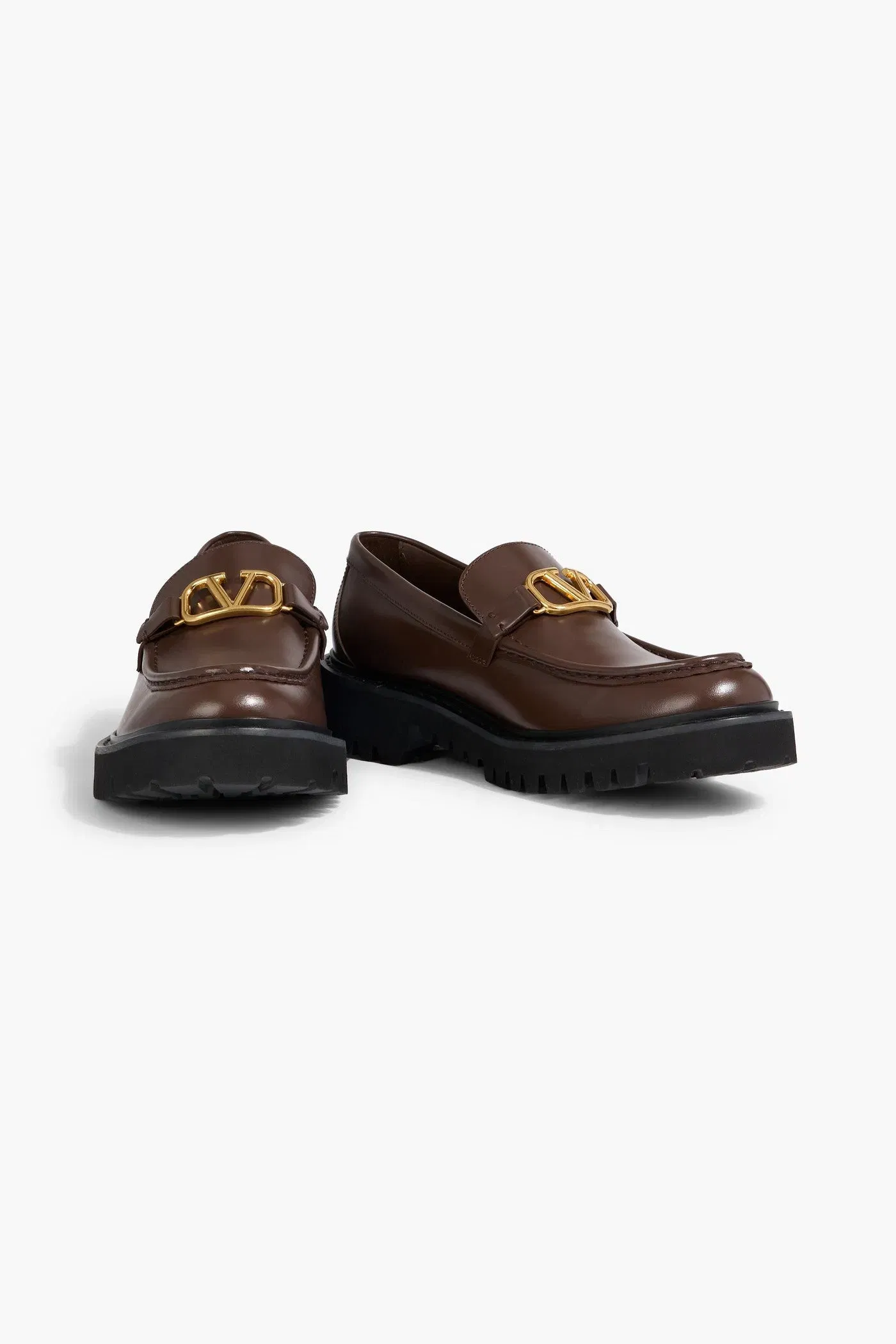 Valentino Garavani Vlogo Signature Glossed-Leather Loafers Chocolate Women's