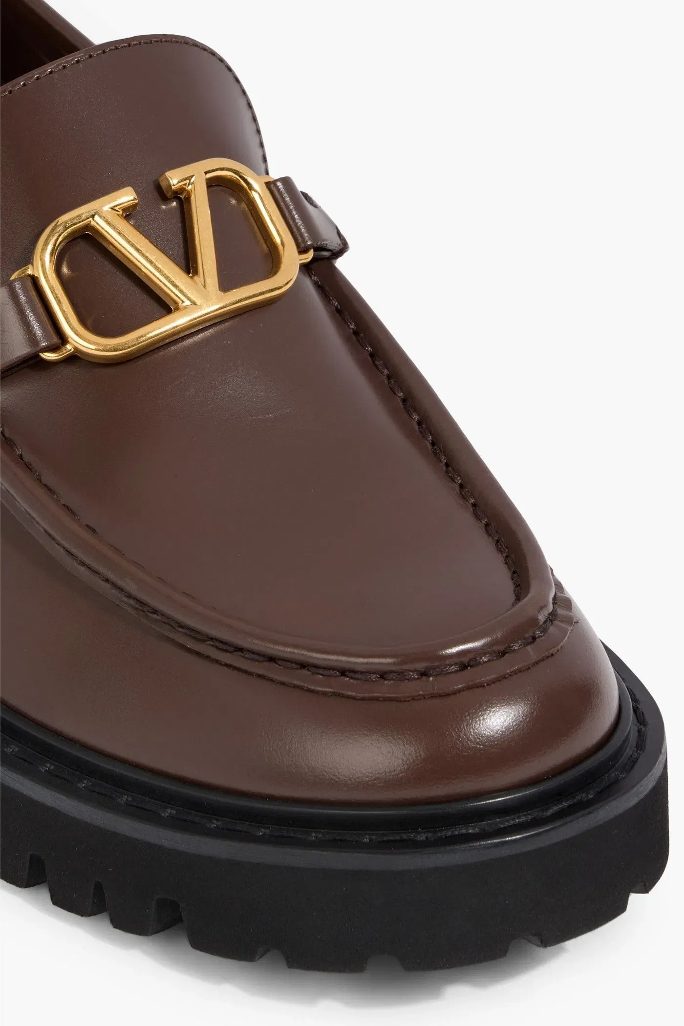 Valentino Garavani Vlogo Signature Glossed-Leather Loafers Chocolate Women's