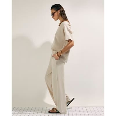 Beige Linen Blend Wide Leg Trousers
