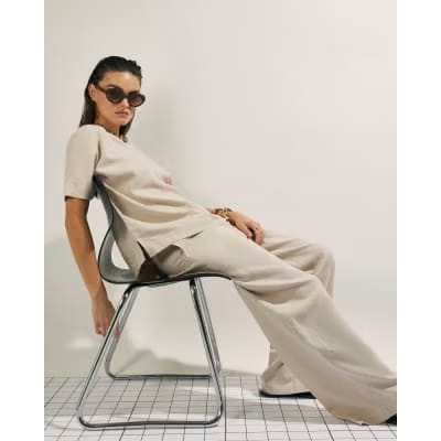 Beige Linen Blend Wide Leg Trousers