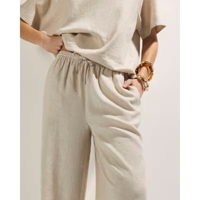 Beige Linen Blend Wide Leg Trousers
