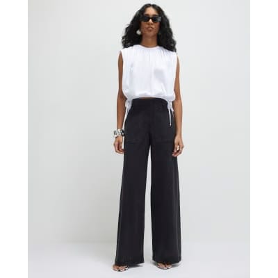 Black Pull On Elasticated Wide Leg Jeans