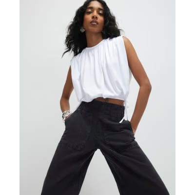 Black Pull On Elasticated Wide Leg Jeans