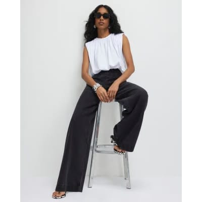 Black Pull On Elasticated Wide Leg Jeans