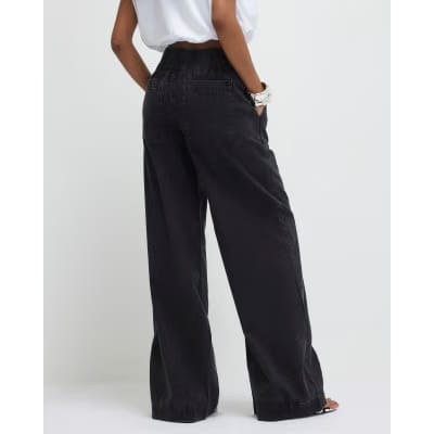 Black Pull On Elasticated Wide Leg Jeans